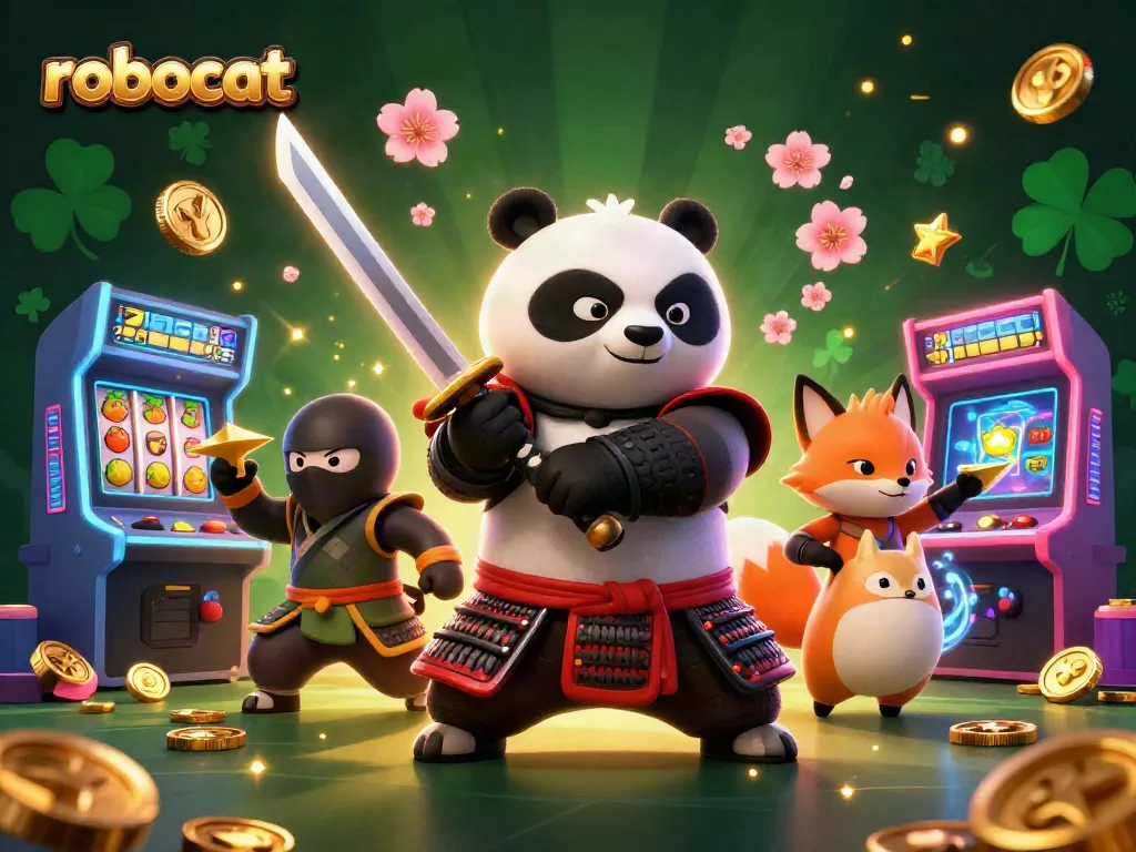 Engage in thrilling gameplay at Robocat Casino with vibrant characters and casino-themed elements.