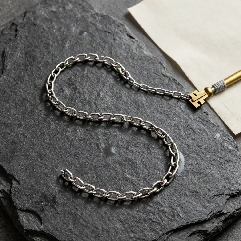 Cadena de plata en S sobre piedra mojada con hilo de lino y pequeño metal auxiliar.
