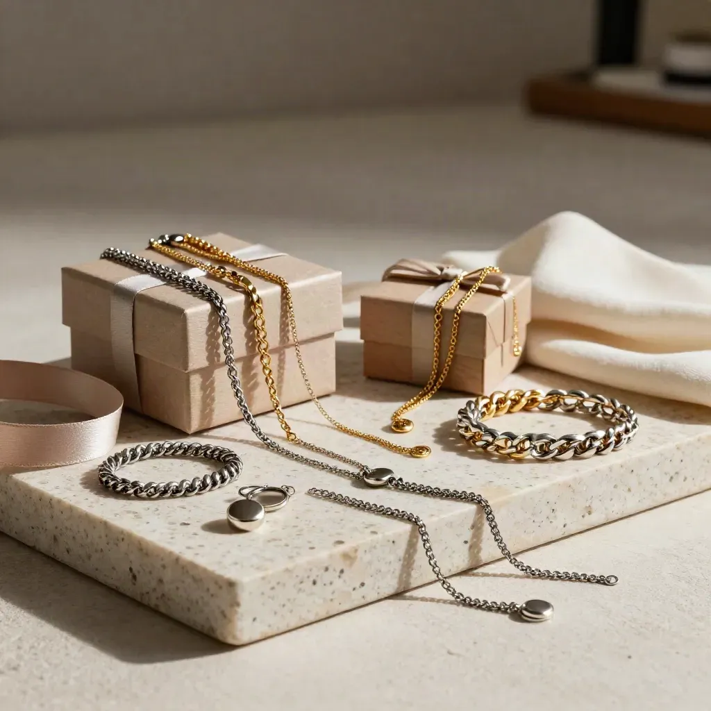 Collares y pulseras finos sobre travertino con cajas neutras y paño marfil.
