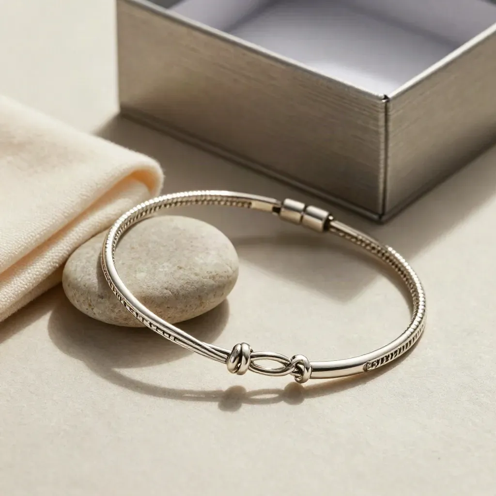 Pulsera fina de plata junto a una piedra pulida, tela de algodón y caja marfil abierta.