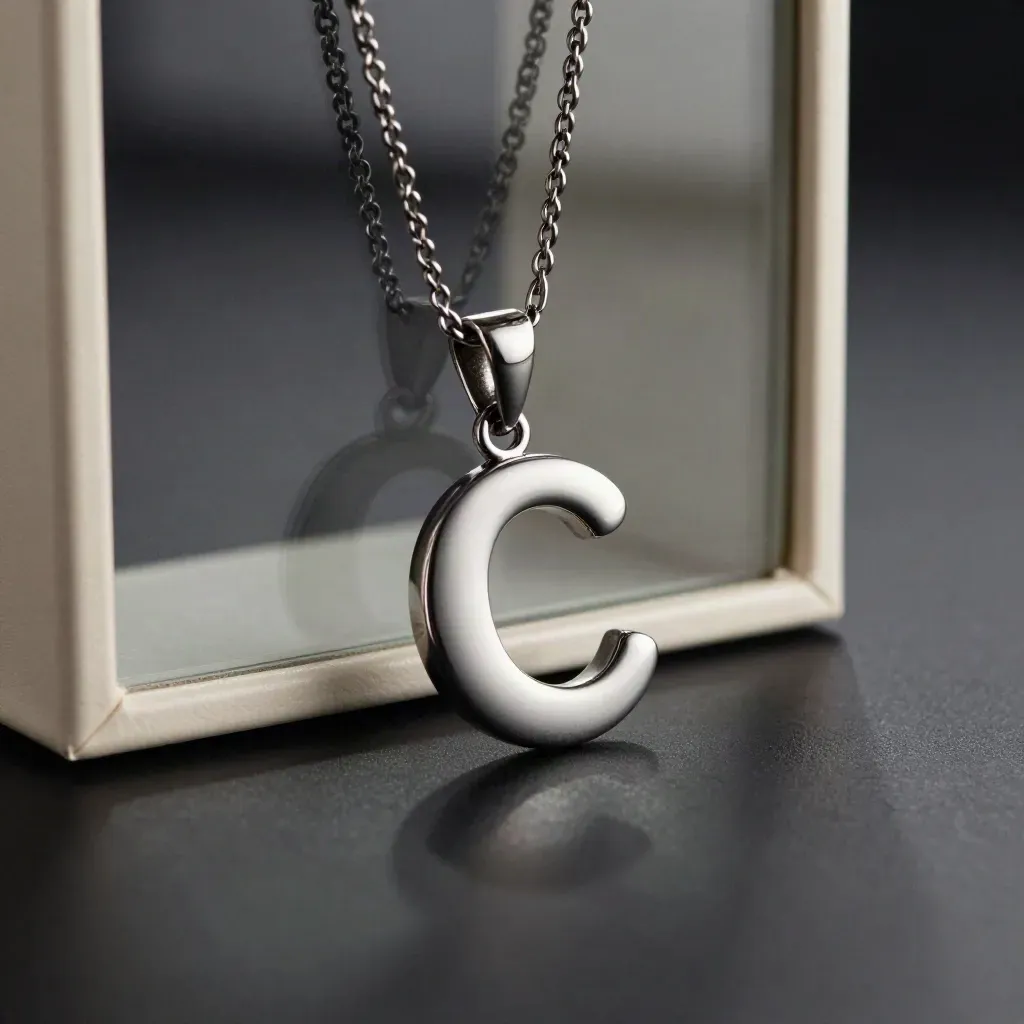 Colgante inicial C con cadenas finas, caja marfil y cristal ahumado sobre fondo oscuro.
