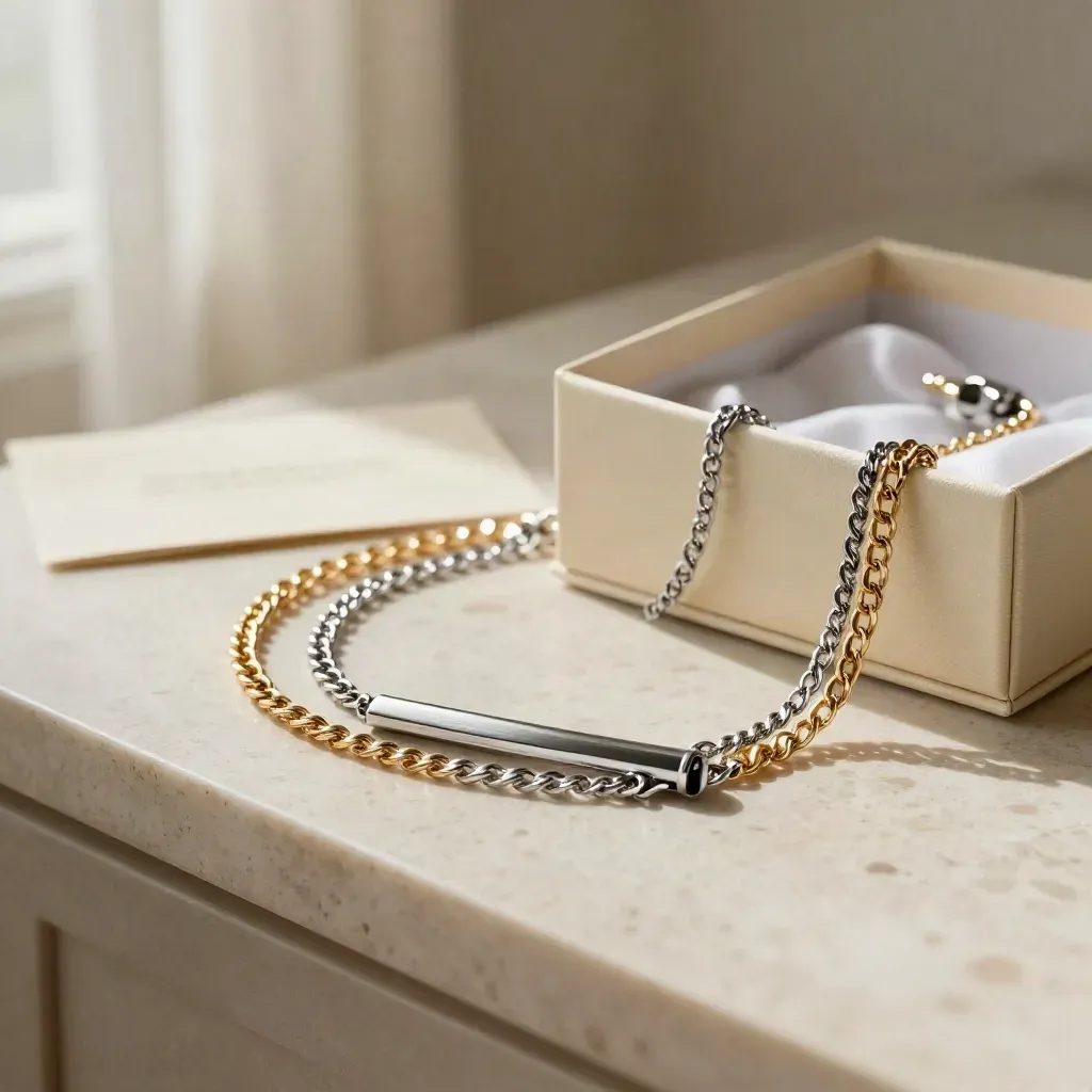 Set de dos cadenas superpuestas sobre tela marfil, con caja abierta y barra metálica fina.