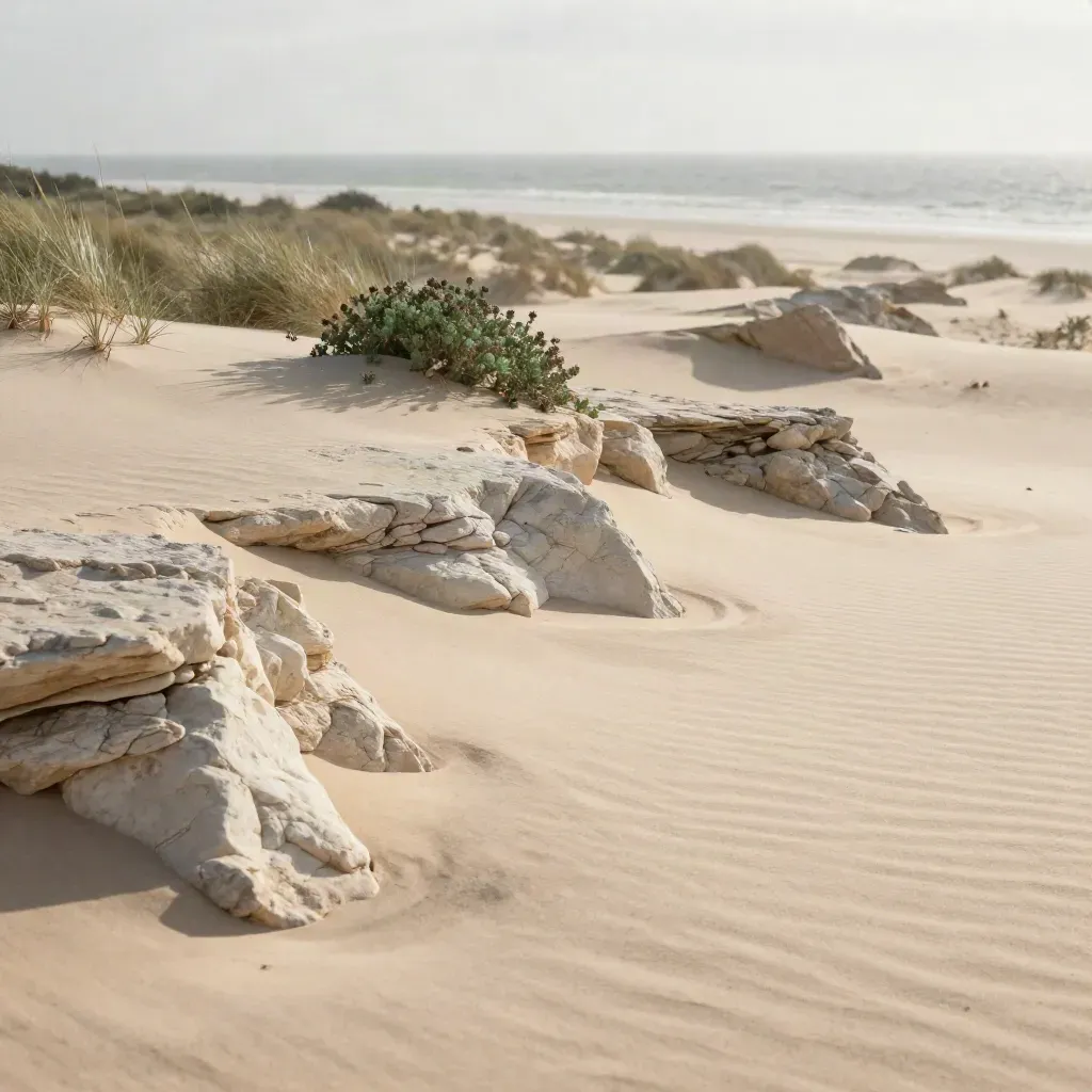 Dunas de arena fina y roca marfil junto al mar desenfocado, con vegetación baja al fondo.