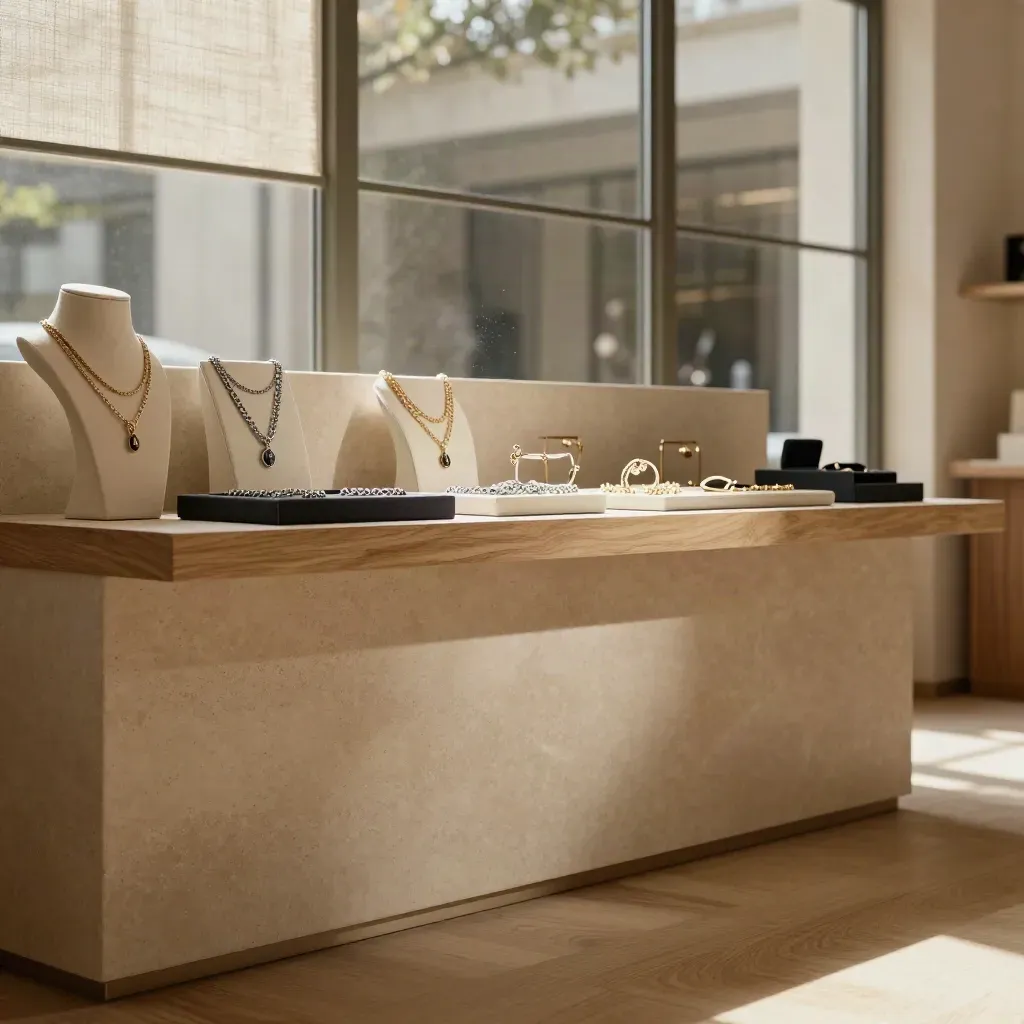 Interior cálido de boutique con cajas neutras y joyas Cadenilla en estantes altos.