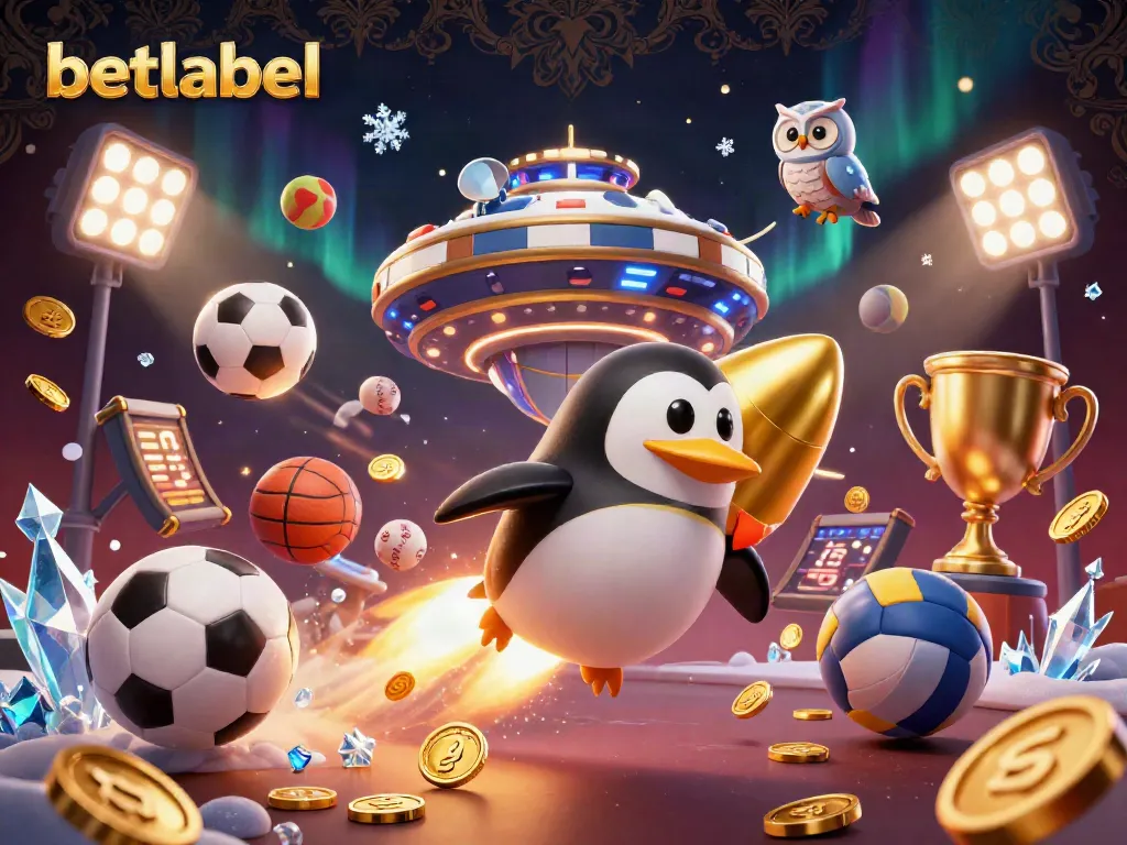 Betlabel showcases a golden penguin navigating a cosmic casino adventure amid sports elements.