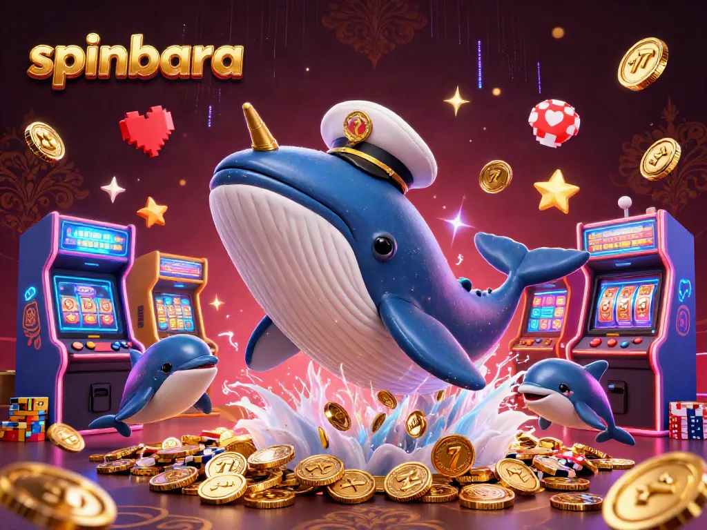 Experience the vibrant casino fun at spinbara with playful characters and gaming elements in a 3D illustration.