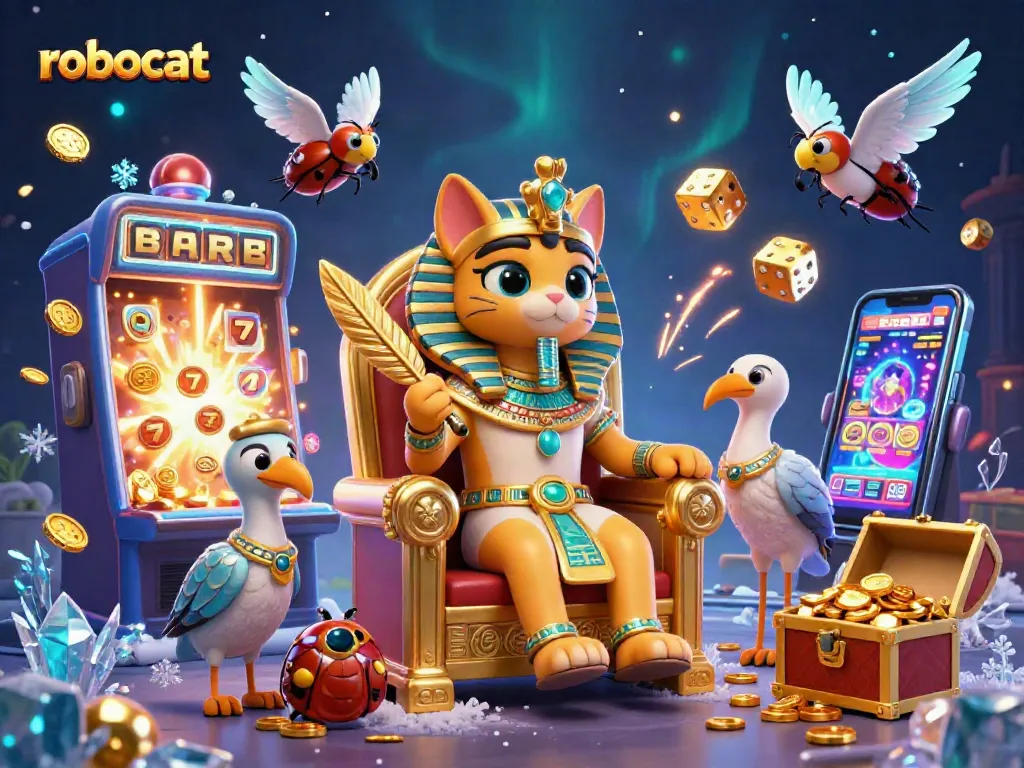 Action-packed robocat casino scene with pharaoh cat, golden treasures, and jackpots bursting.